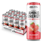 Optimum Nutrition Amino Energy Drink + Electrolytes for Hydration - Sugar Free, Amino Acids, BCAA, Keto Friendly, Sparkling Drink - Juicy Strawberry, Pack of 12 (Packaging May Vary)