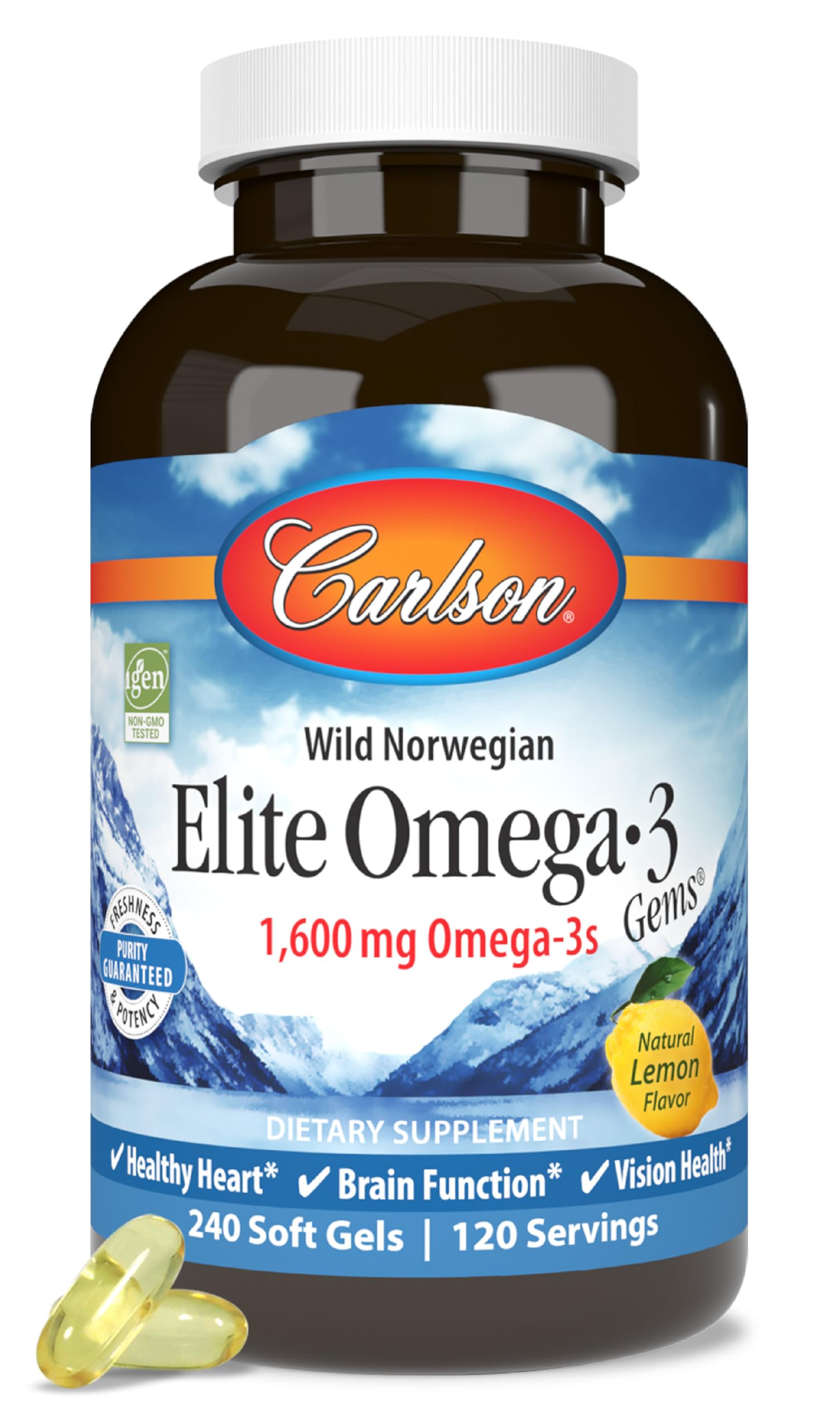 Carlson - Elite Omega-3 Gems, 1600 mg Omega-3 Fatty Acids Including EPA and DHA, Norwegian, Wild-Caught Fish Oil Supplement, Sustainably Sourced Omega 3 Fish Oil Capsules, Lemon, 240 Softgels