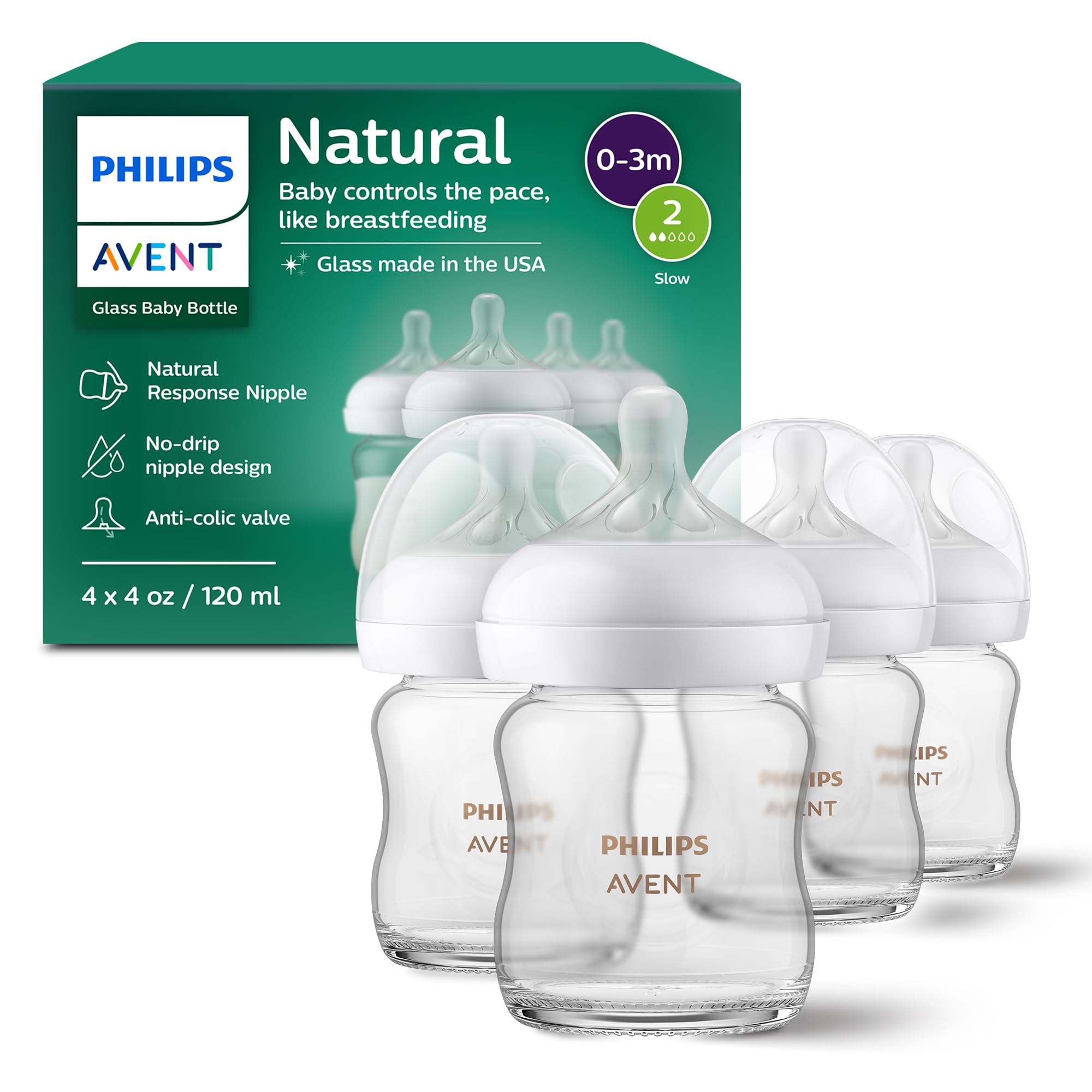 Version 1.0.0 Philips Avent Natural Glass Baby Bottles with Natural Response Nipples (Slow Flow, Flow 2), 4oz, 4-Pack, SCY910/04 - Image 1