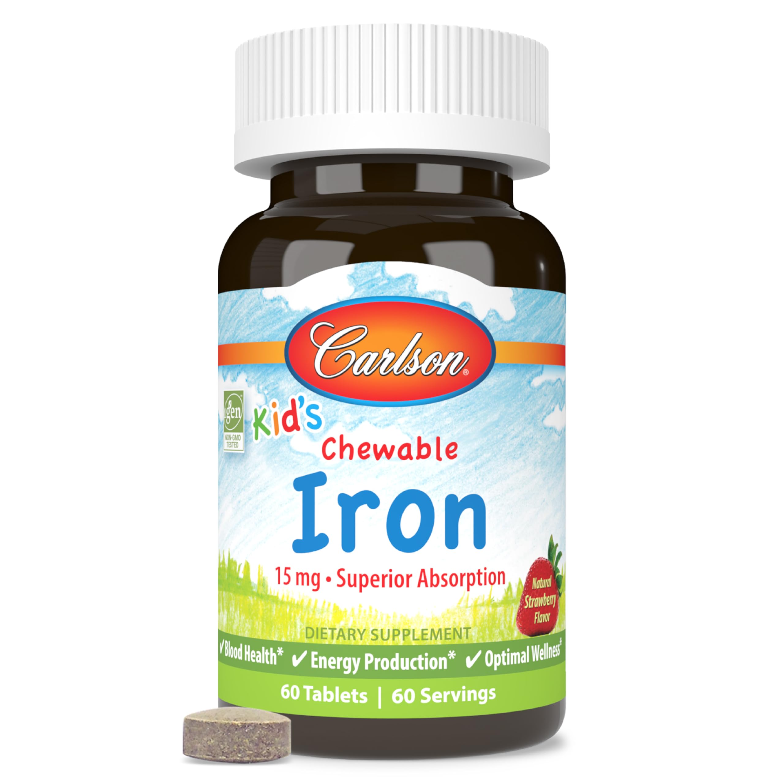 Carlson - Kid's Chewable Iron, 15 mg, Superior Absorption, Blood Health, Energy Production & Optimal Wellness, Natural Strawberry Flavor, 60 Tablets