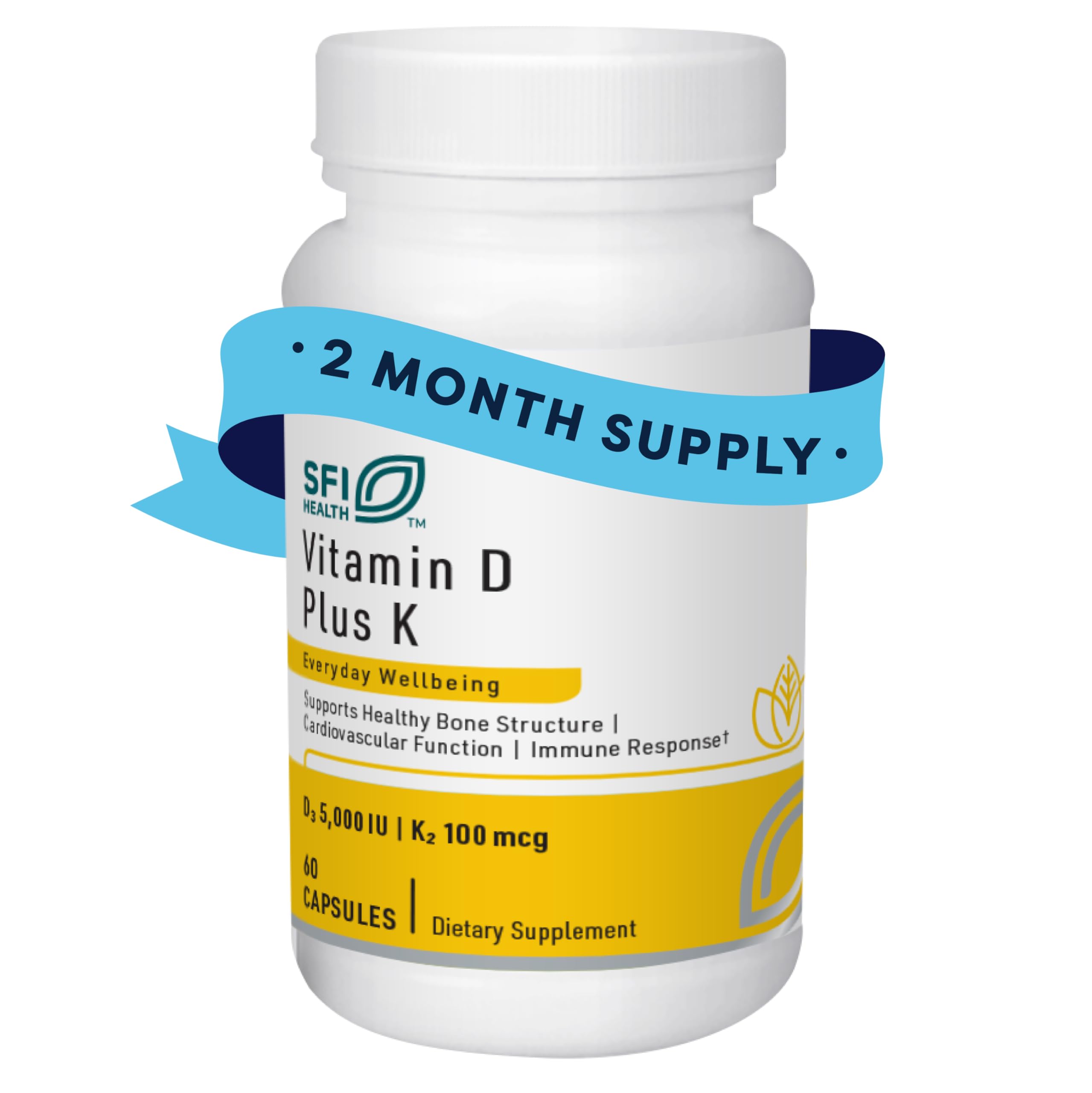 Klaire Labs SFI Health Vitamin D Plus K - Bioavailable Vitamin K2 D3 Supplement for Bone & Immune Support - Each Capsule Delivers Vitamin D3 5000 iu & Vitamin K2 100 Mcg (60 Capsules)