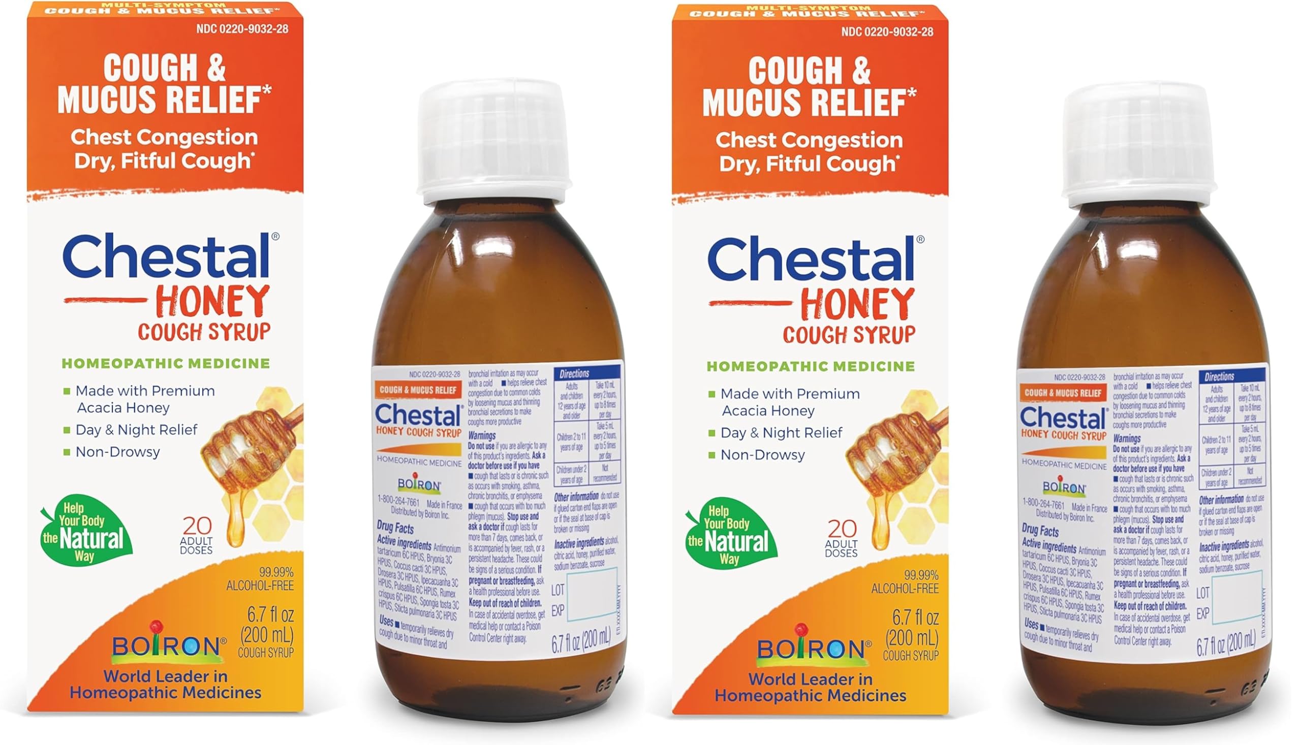 Boiron Chestal Honey Adult Cold and Cough Syrup for Nasal and Chest Congestion, Runny Nose, and Sore Throat Relief - 6.7 Fl oz (Pack of 2)