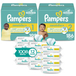 Pampers Baby Diapers and Wipes Starter Kit, Swaddlers Disposable Sizes 1 (198 Count) & 2 (186 Count) with Sensitive Water Based 12X Multi Pack Pop-Top Refill (1008 Count)